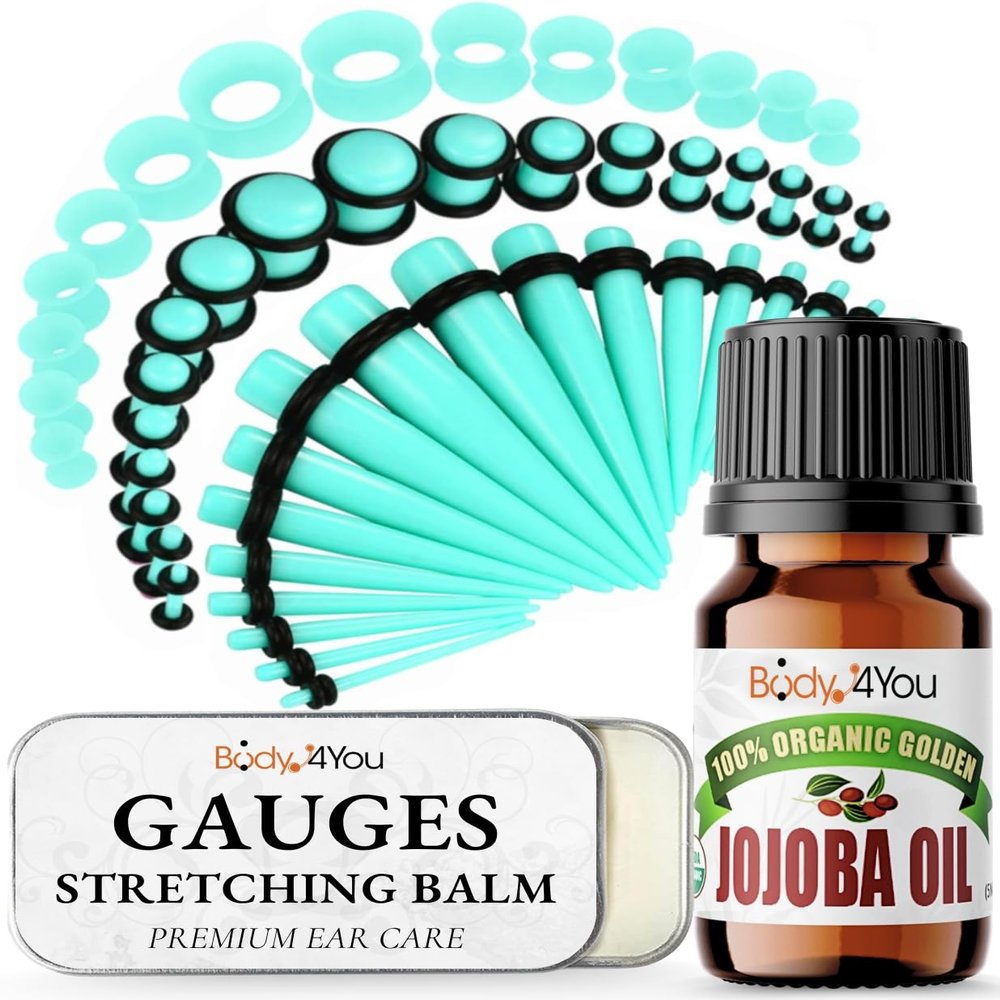 BodyJ4You 55PC Ear Stretching Kit 14G-12mm - Aftercare Jojoba Oil Ear Stretching Balm - Turquoise Acrylic Plugs Gauge Tapers Silicone Tunnels - Lightweight Expanders Men Women