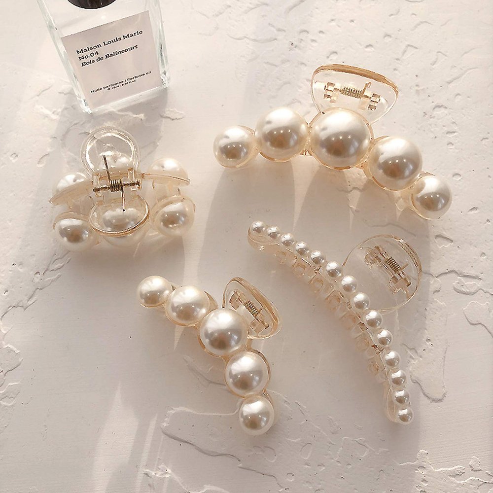 Hair Clips for Women,Large Pearl Hair Claw Clip Set Strong Hold No Slip, Banana Jaw Clip Barrettes,Hair Accessories Birthday Wedding Valentine's Day Gift for Girl Wife Styling Thick Thin (4 PCS)