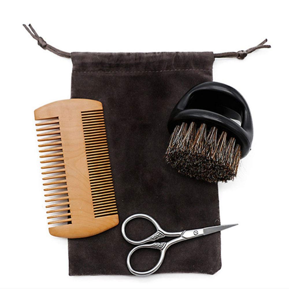 AKOAK 4 Pcs/Set Men's Beard Kit, Beard Grooming Kit, Beard Brush Comb Scissors Men's Natural Bristle Brush, Double Sided Wide Tooth Comb Travel Bag Valentine's Day Gift
