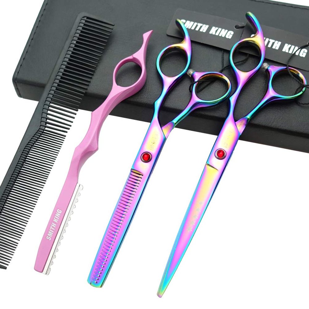 7.0 Inches Professional hair cutting thinning scissors set with razor (Rainbow)