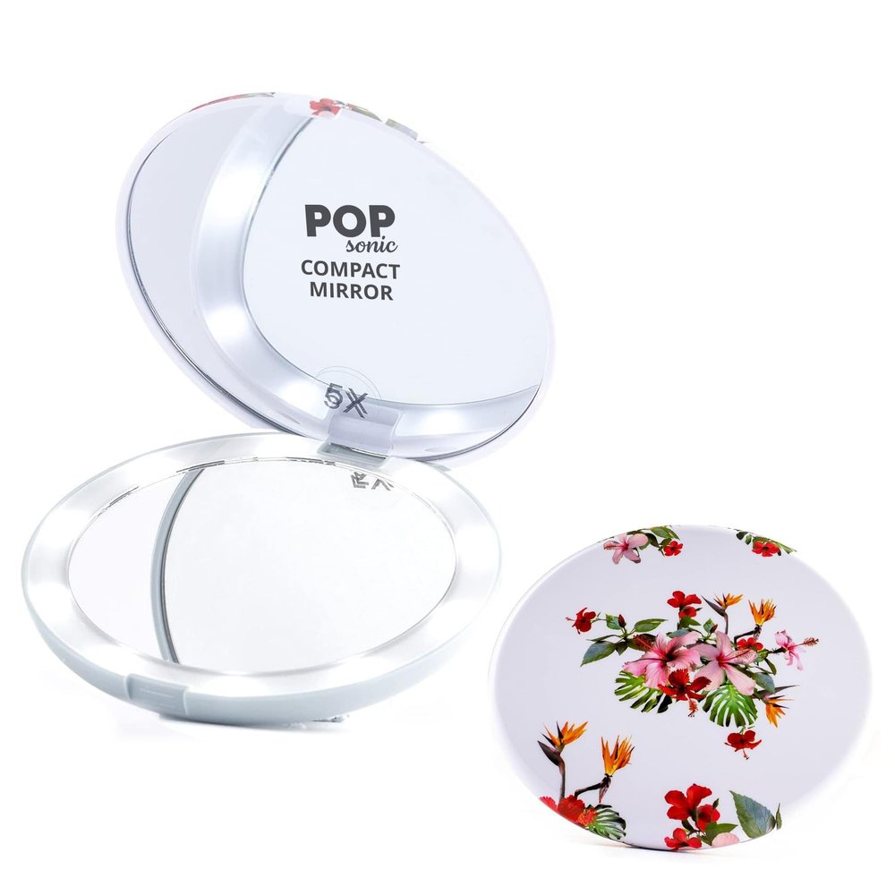 LED Compact Mirror - White Floral | Portable Makeup Mirror - 5" Foldable - 1X & 5X Lighted Magnifying Mirror
