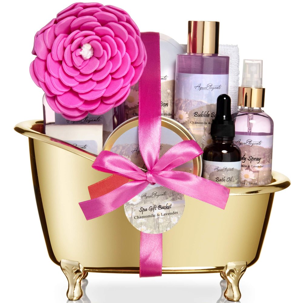 Aqua Elegante Spa Gift Basket For Women - Luxury Bath Set with Wash, Bubbles, Lotion, Body Butter, Soap, Towel, Shower Puff, Reusable Basket, Gifts for Mom, Wife, Girlfriend - Lavender & Chamomile