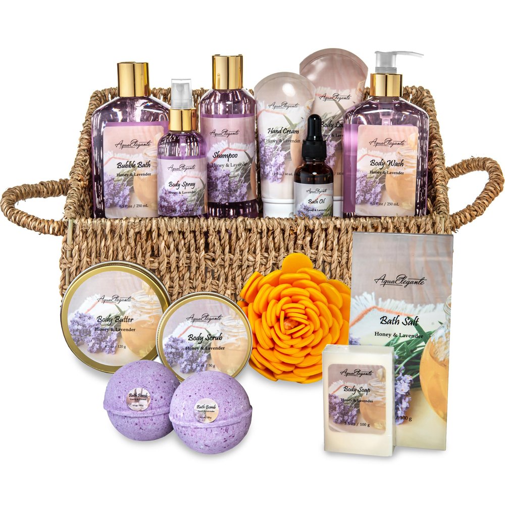 Aqua Elegante Bath Spa Gift Set - 15 Piece Premium Basket with Wash, Bubble Bath, Lotion, Salts, Body Scrub, Towel, Shower Puff, Bathbombs, Reusable Basket, Gifts for Women - Honey & Lavender