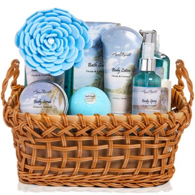 Aqua Elegante Spa Basket For Women - Deluxe Bath Set with Wash, Bubble Bath, Lotion, Salts, Body Scrub, Towel, Shower Puff, Bathbombs, Reusable Basket, Gifts for Mom, Wife, Her - Ocean & Coconut