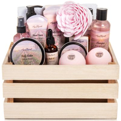 Aqua Elegante Full Spa Gift Set - 15 Piece Premium Bath Basket with Wash, Bubbles, Lotion, Salts, Body Scrub, Towel, Shower Puff, Bathbombs, Reusable Basket, Gifts for Women - Rose Oil & Orchid
