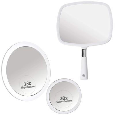 20X & 15X Magnifying Makeup Mirror Set with 3 Suction Cups Each - Compact & Travel Ready & Large Hand Held Mirror with Comfy Handle for Women and Men - Personal Barber Haircut Mirror
