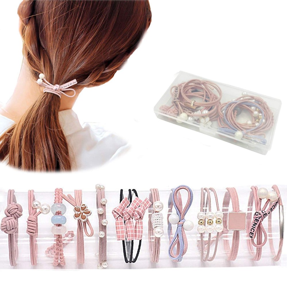 12 Pcs Hair Ties Set For Women Girls Elastic Hair Scrunchies, Ponytail Holders Fashion Cute Bow Hair Scrunchies Hair Bands Hair Accessories Ropes Rubber Band (Pink)