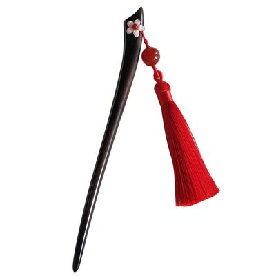 FANTAC CRAFTS Ebony Handmade Carved Black Wood Hair Stick with Pink Shell Carving Sakura Flower Agate Tassel Pendant Bun Updo Hairpin (Sakura-RedTassel)