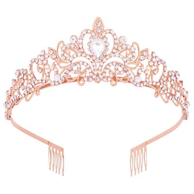 Vofler Crowns for Women, Rose Gold Tiara Crystal Rhinestone Hair Accessories for Princess Queen Ladies Little Girls Adult Bridal Bride Birthday Wedding Pageant Prom Halloween Costume Party with Combs