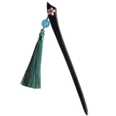 FANTAC CRAFTS Ebony Handmade Carved Black Wood Hair Stick with Pink Shell Carving Sakura Flower Agate Tassel Pendant Bun Updo Hairpin (Sakura-CyanTassel)
