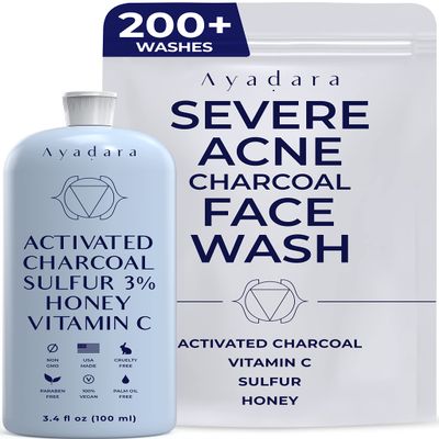 Ayadara Severe Acne Charcoal Face Wash, 3.4 oz, Daily Cleanser with Sulfur and Honey, Face Cleanser for Acne, Deep Cleansing Charcoal Face Wash for Women and Men, 200 Uses