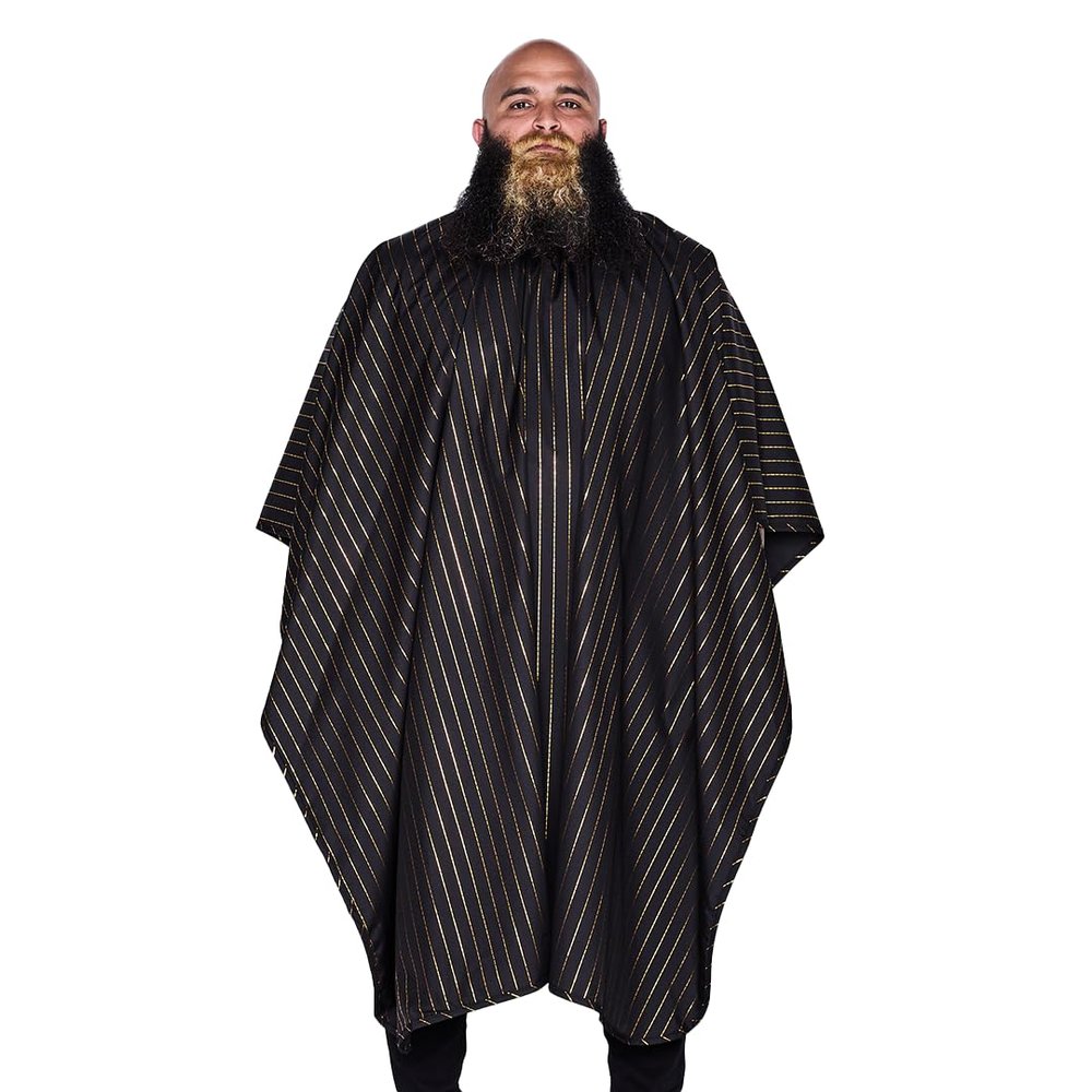 Barber Strong The Barber Cape Haircut Cover for Men, Hair Repelling and Static-Reducing Material, Flexible Elastic Neckband, Water Resistant Fabric, Oversized for Complete Coverage - Gold Pinstripe