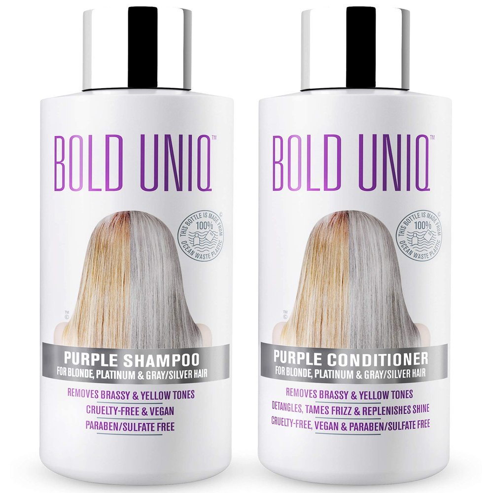 BOLD UNIQ Purple Shampoo & Conditioner Duo - Eliminates Brassy Yellow Tones. Lightens Blonde, Platinum, Ash, Silver and Grays. Paraben & Sulfate Free, Vegan and Cruelty Free.