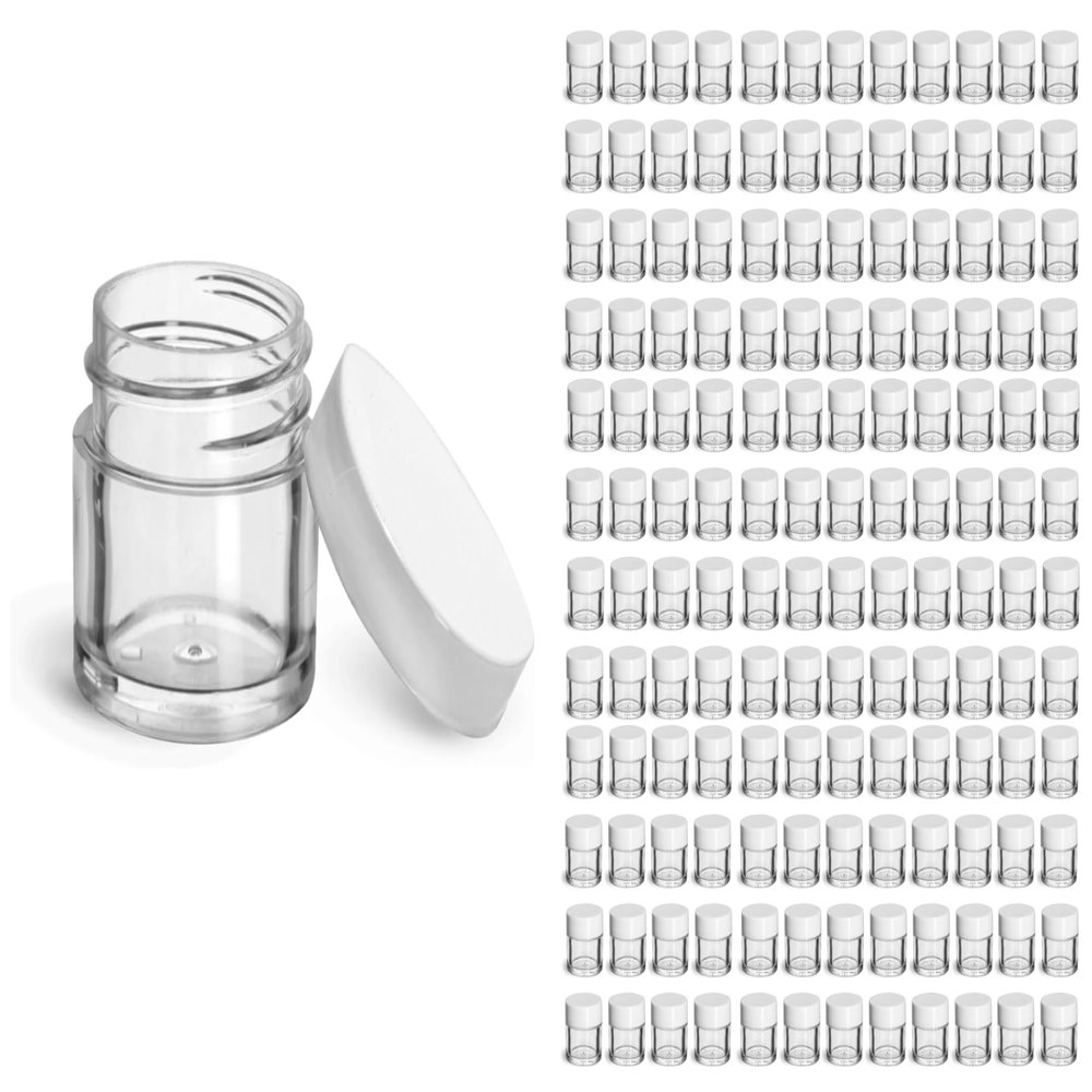 144 Count Empty Plastic Jars with Lids, 1/4 oz Clear Polystyrene Thick Wall Containers with Lined White Caps, Small Plastic Jars for Beauty Products, Cosmetics, Lip Balm, Creams, Skin Care, Crafts