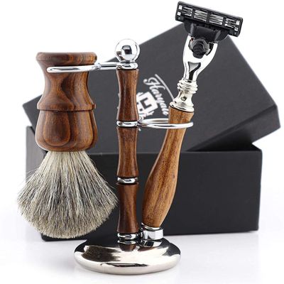 Haryali London Shaving Kit, 3 Pc Manual Wooden Shaving Set for Men's Grooming, 3 Edge Shaving Razor, Best Badger Hair Shaving Brush, Complete with Shaving Stand, Wood Shaving Set