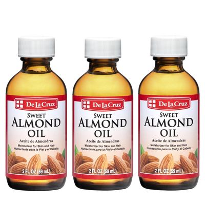 De La Cruz Sweet Almond Oil, Natural Hair and Skin Moisturizer, 3-Pack of 2 FL Oz Glass Bottles