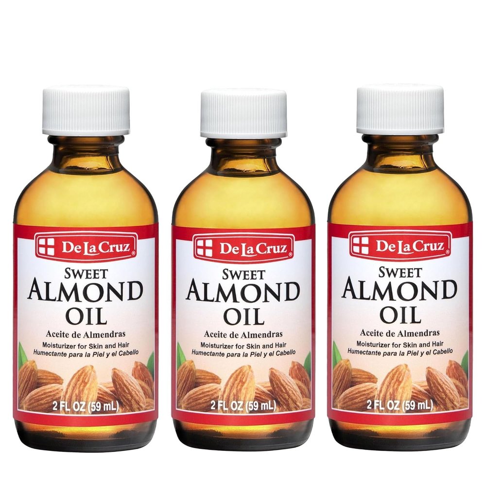 De La Cruz Sweet Almond Oil, Natural Hair and Skin Moisturizer, 3-Pack of 2 FL Oz Glass Bottles