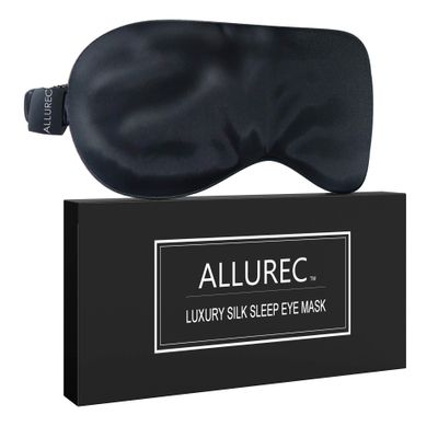 ALLUREC Luxury 100% Pure Mulberry Silk Sleep Eye Mask. Top Grade 6A 22 Momme Long Silk. Soft Comfortable Hypoallergenic Anti-Aging Anti-Wrinkles for Beauty Sleep. (Black)