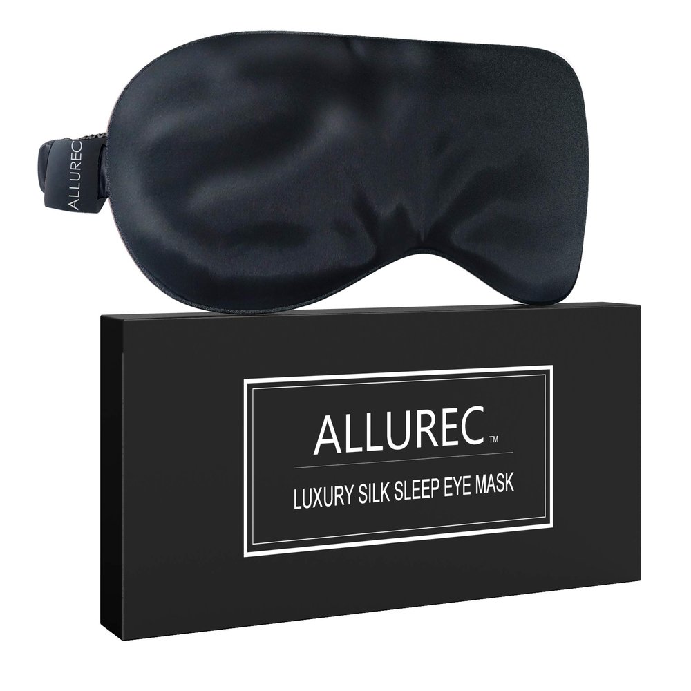 ALLUREC Luxury 100% Pure Mulberry Silk Sleep Eye Mask. Top Grade 6A 22 Momme Long Silk. Soft Comfortable Hypoallergenic Anti-Aging Anti-Wrinkles for Beauty Sleep. (Black)