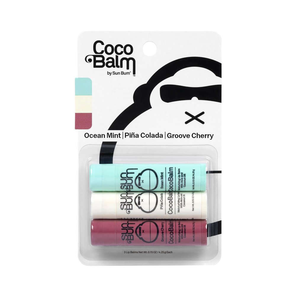 Sun Bum Cocobalm 3 Flavor Variety Pack - Ocean Mint, Pia Colada, and Groove Cherry - Hydrating Lip Balm with Coconut Oil and Aloe Vera (0.15 oz, 3 ct)