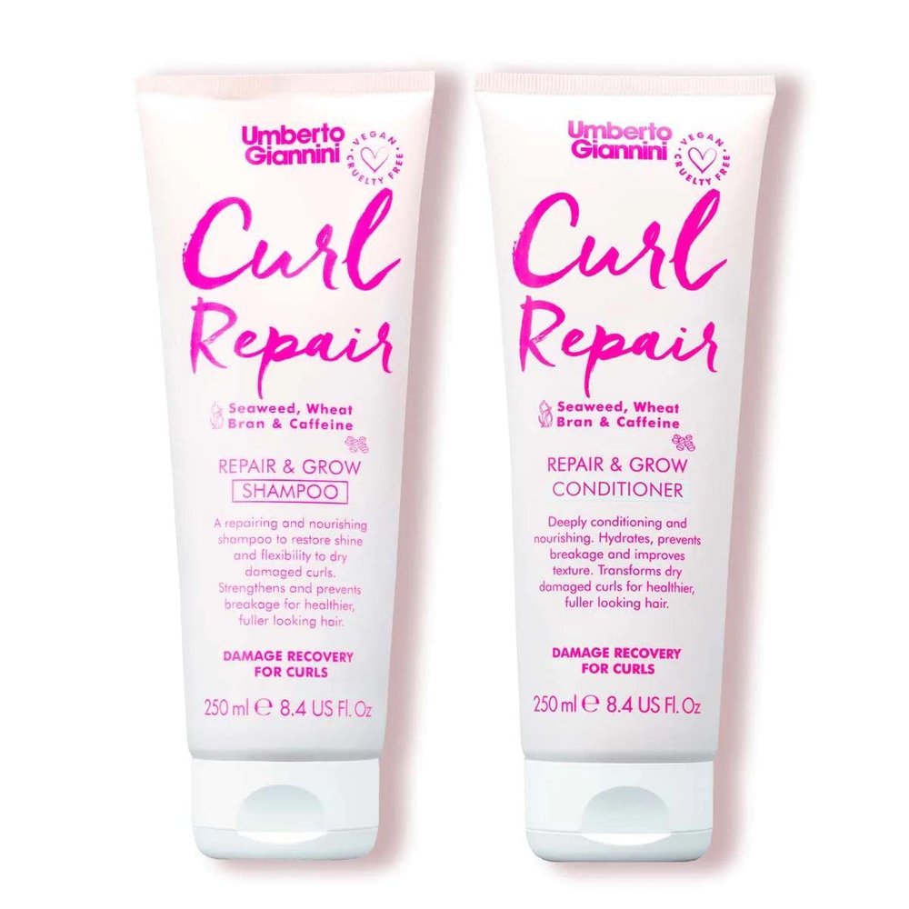 Umberto Giannini Curl Repair Shampoo + Conditioner Set, Vegan & Cruelty Free Repair & Growth Formula with Seaweed, Wheat Bran & Caffeine, 250 ml