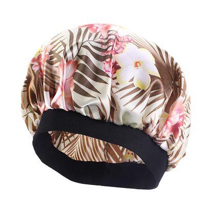Magik Women Satin Night Sleep Cap Hair Bonnet Hat Silk Head Cover Wide Elastic Band (2 Pack, Khaki Leaves)