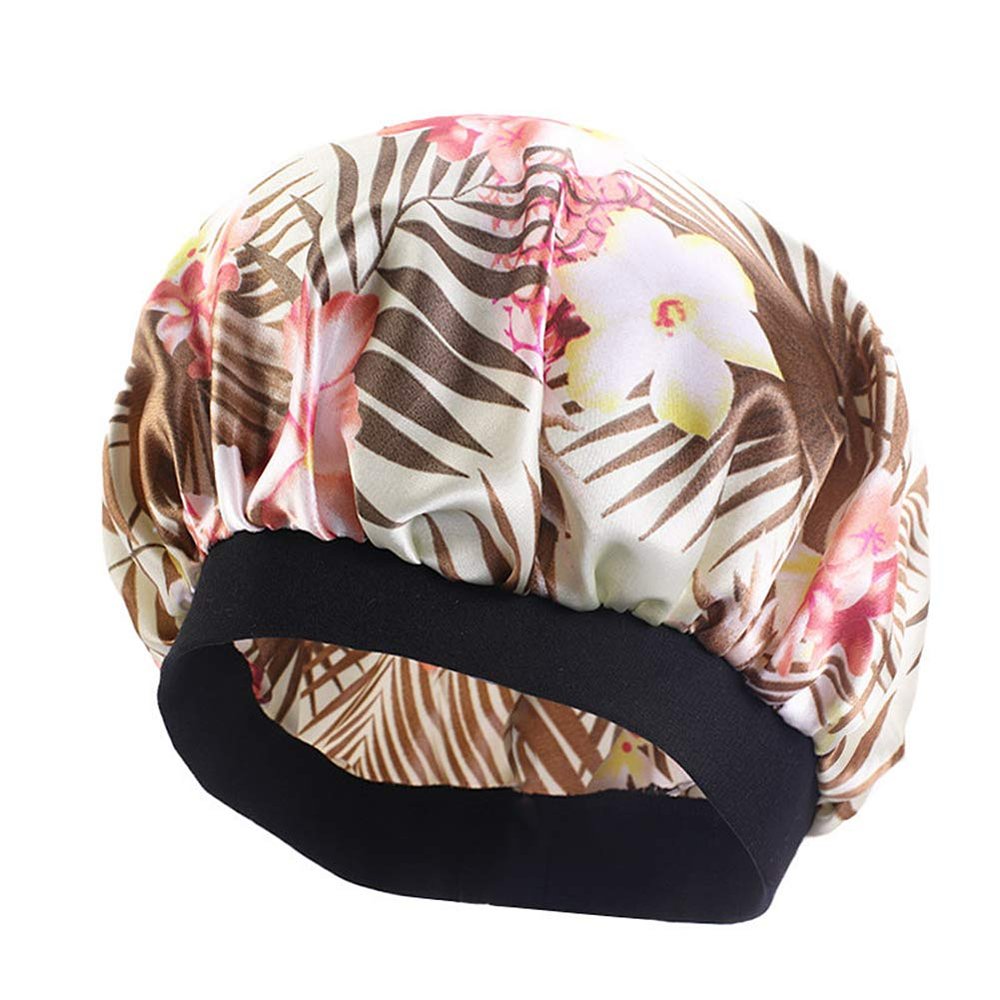 Magik Women Satin Night Sleep Cap Hair Bonnet Hat Silk Head Cover Wide Elastic Band (2 Pack, Khaki Leaves)