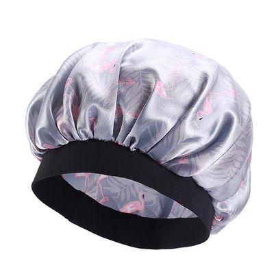 Magik Women Satin Night Sleep Cap Hair Bonnet Hat Silk Head Cover Wide Elastic Band (2 Pack, Gray Flamingo)