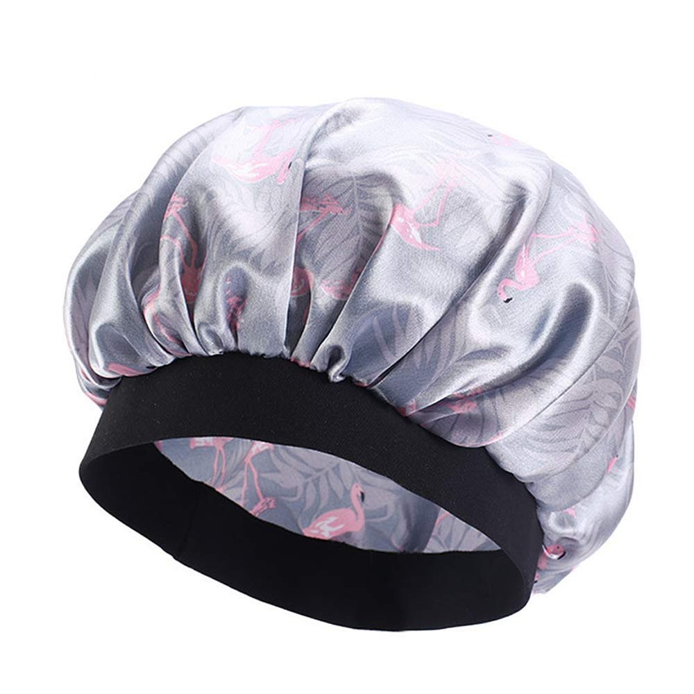 Magik Women Satin Night Sleep Cap Hair Bonnet Hat Silk Head Cover Wide Elastic Band (2 Pack, Gray Flamingo)
