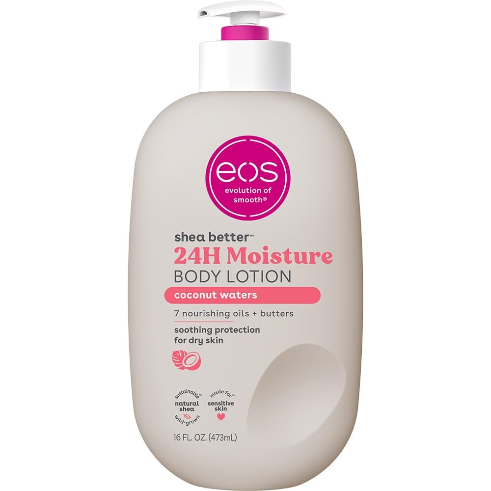 eos Shea Better Body Lotion Coconut Waters, 24-Hour Moisture Skin Care, Lightweight & Non-Greasy, Natural Shea, Vegan, Coconut Body Lotion, 16 fl oz