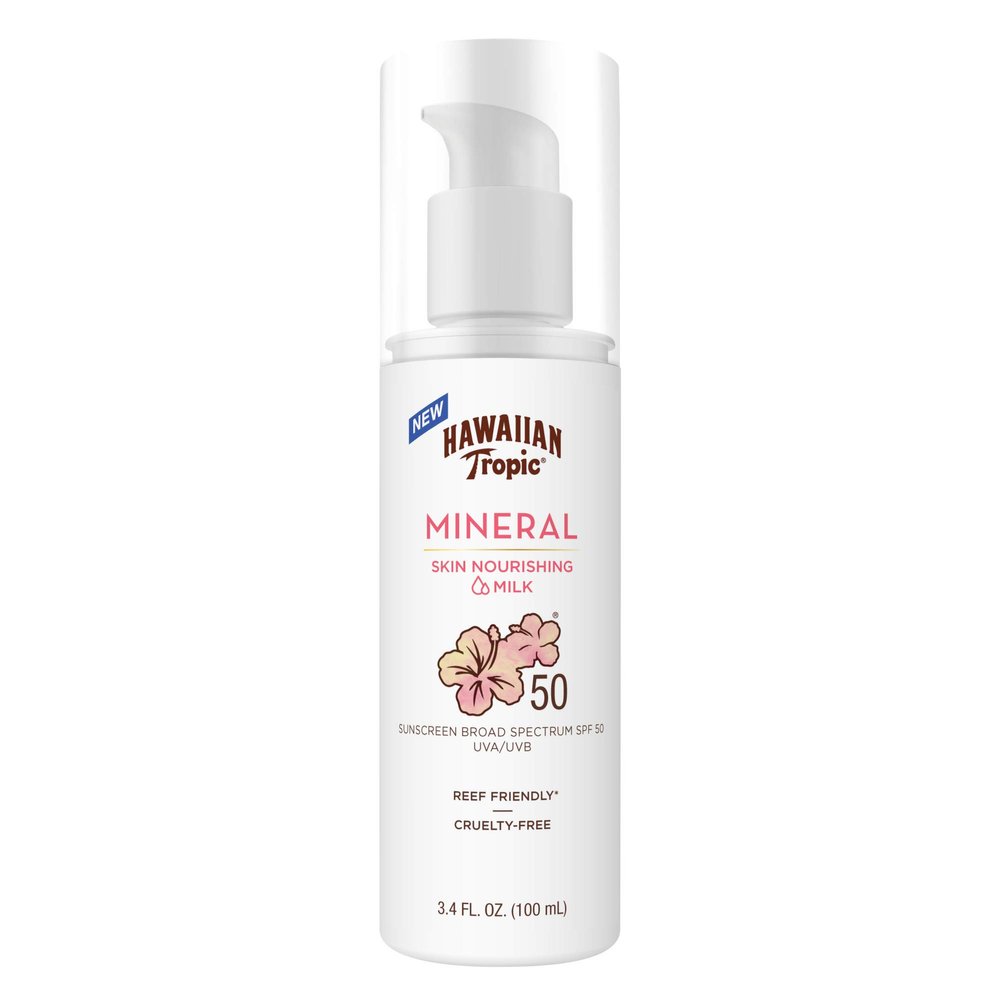 Hawaiian Tropic Skin Nourishing Milk Mineral Sunscreen Lotion SPF 50, 3.4Fl Oz | Travel Size Sunscreen Zinc Oxide, Sun Milk, Mineral Sunblock SPF 50, Oxybenzone Free, 3.4Fl Oz