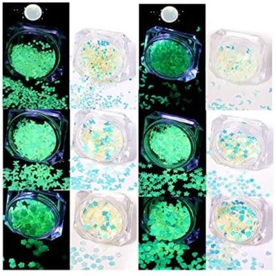 6 Pack 3D Nail Glitter Sequins Luminous Star Heart Round Butterfly Flower Moon Nail Art Stickers Holographic Nail Sparkle Craft Glitter(6 Boxes)