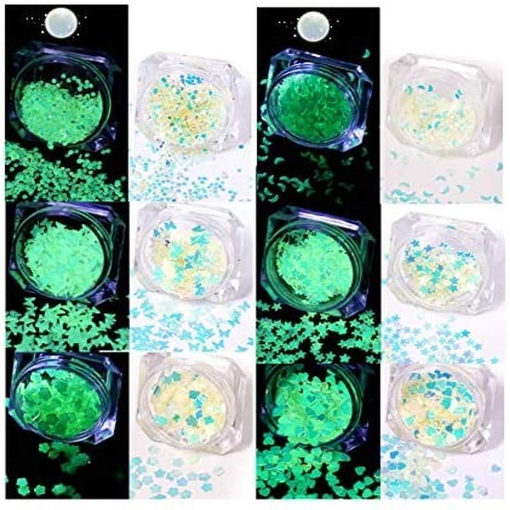 6 Pack 3D Nail Glitter Sequins Luminous Star Heart Round Butterfly Flower Moon Nail Art Stickers Holographic Nail Sparkle Craft Glitter(6 Boxes)
