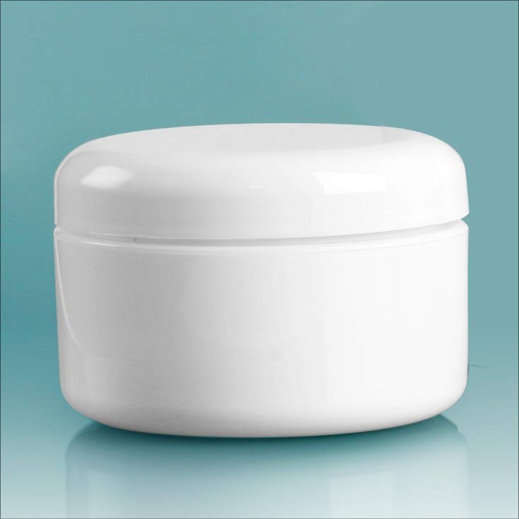 2 oz White Polypropylene Double Wall Radius Jars w/White Lined Dome Caps