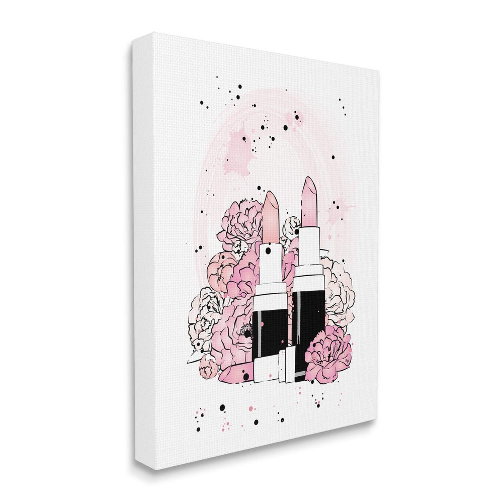 Stupell Industries Pink Peony Florals Glam Lipstick Cosmetic, Design by Martina Pavlova Canvas Wall Art, 16 x 20, White