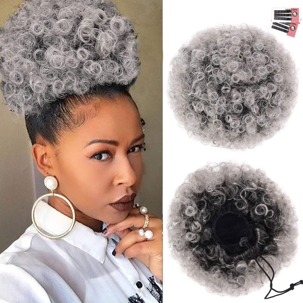 rosmile Afro Puff Drawstring Ponytail Extension for Black Women, Premium Ombre Gray #1BT0906 80 Gram Short Synthetic Afro Puff Ponytail for Natural Hair, Clip On Kinky Drawstring Curly Ponytail Bun