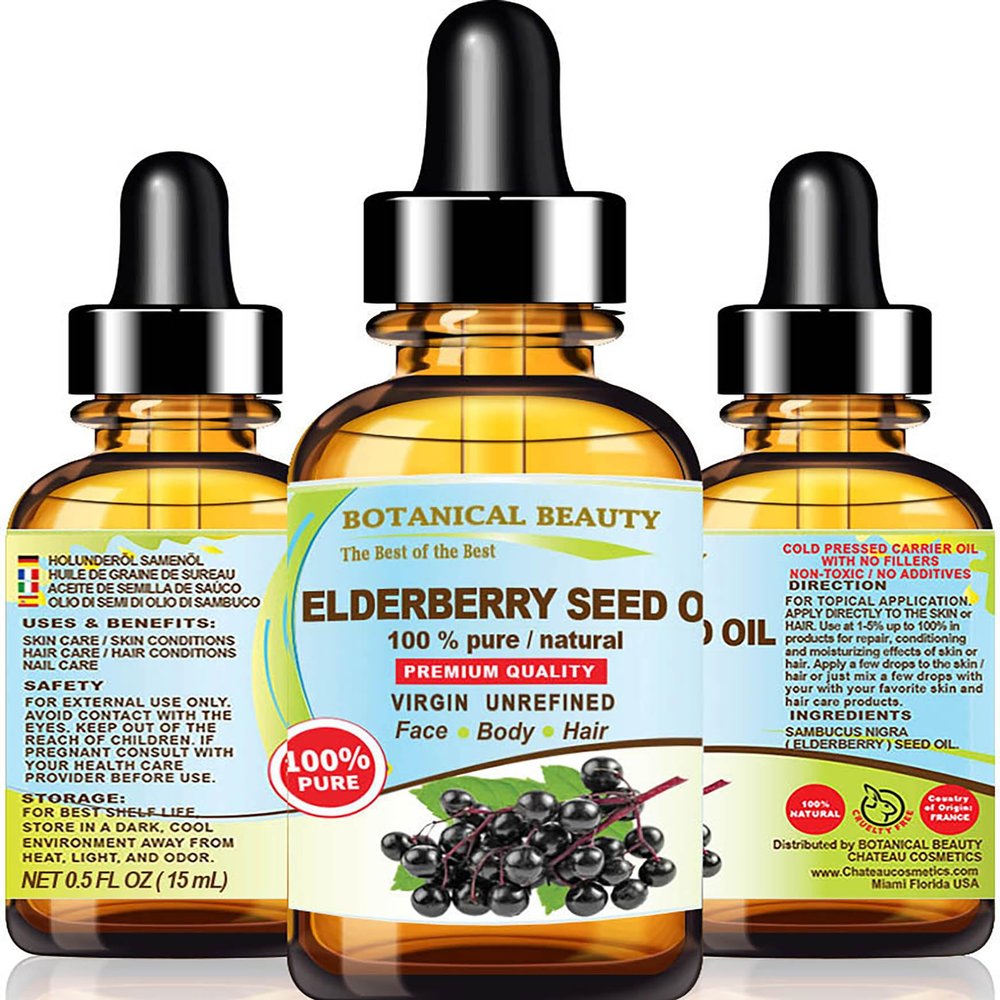 Botanical Beauty Belgian Elderberry Seed Oil Sambucus Nigra 100% Pure Natural Virgin Unrefined Cold Pressed Carrier Oil 0.5 Fl. Oz.- 15 ml for FACE, Skin, Hair, Nails, Anti-Aging