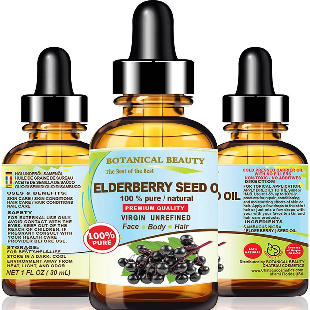 Belgian Elderberry Seed Oil Sambucus Nigra 100% Pure Natural Virgin Unrefined Cold Pressed Carrier Oil 1 Fl. Oz.- 30 ml for FACE, Skin, Hair, Nails, Anti-Aging by Botanical Beauty