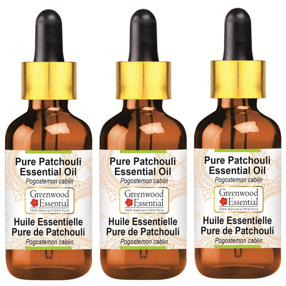 Greenwood Essential Pure Patchouli Essential Oil (Pogostemon cablin) with Glass Dropper Steam Distilled (Pack of Three) 100ml X 3 (10 oz)