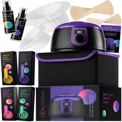 Sensiona Hot Wax Kit, Unisex Hot Wax Hair Removal. Complete Home Waxing Kit for Hair Removal, Brazilian Bikini Wax, Underarms, Legs and Face Hair. Includes No Mess Wax Liners and Gentle Skin Spray.