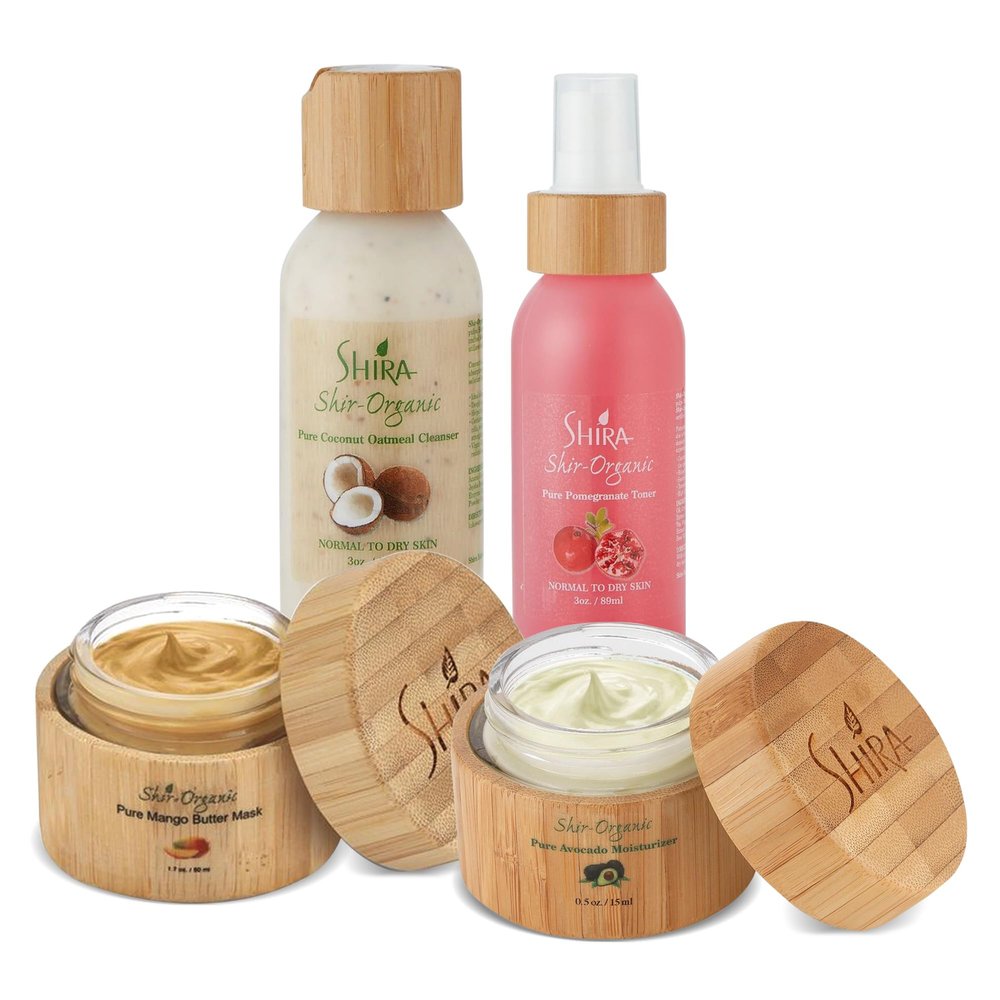 Shira Shir-Organic 4 pack for Normal to Dry Skin - Coconut Oatmeal Cleanser, Pomegranate Toner, Avocado Moisturizer & Mango Butter Mask
