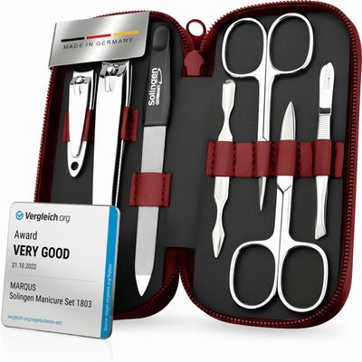 Manicure Set Solingen Made in Germany - 7 Piece Exclusive Finger & Toe Nail Clippers Kit for Women and Men in Real Leather Case, Color Red