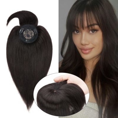 100% Real Human Hair Top Hairpieces for Womem with Bangs 150% Density Natural Mono Base Crown Topper Clip in on Hair Piece Straight Middle Part for Hair Loss Thinning Hair 14 Inch 1B# Natural Black