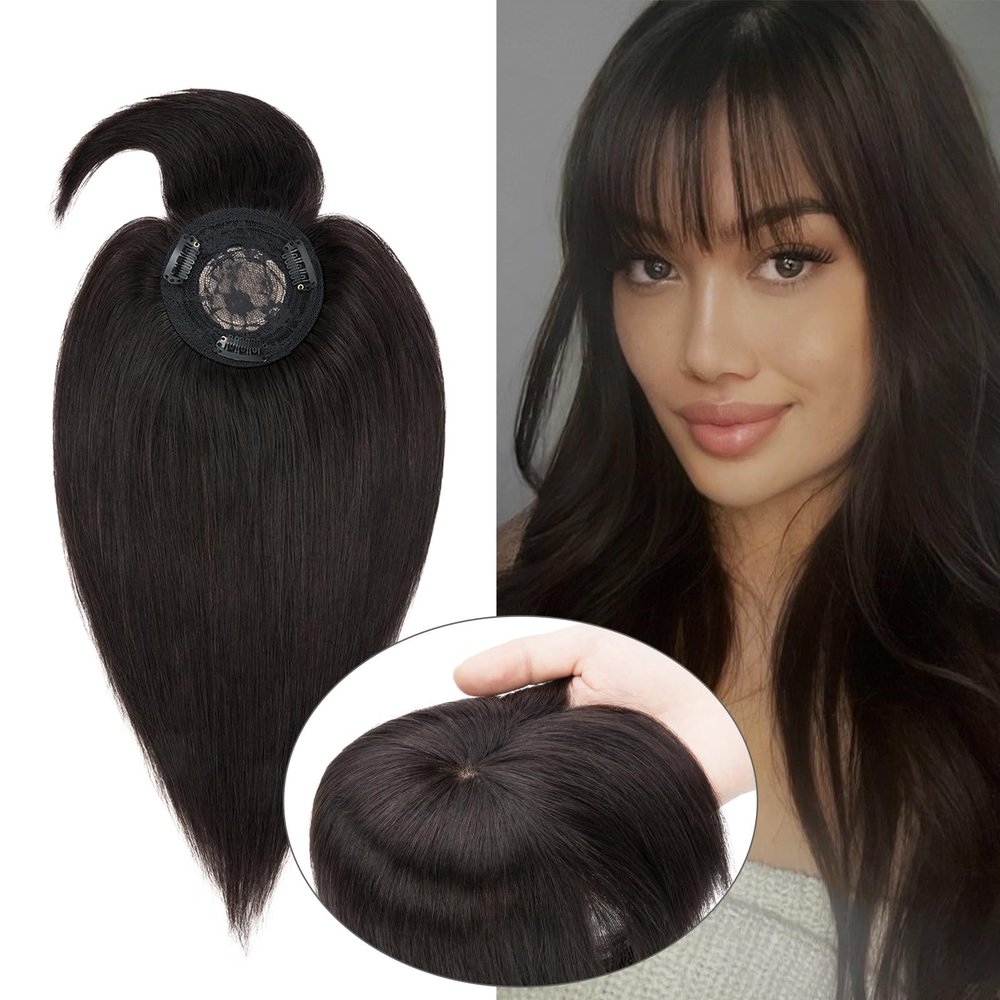 100% Real Human Hair Top Hairpieces for Womem with Bangs 150% Density Natural Mono Base Crown Topper Clip in on Hair Piece Straight Middle Part for Hair Loss Thinning Hair 14 Inch 1B# Natural Black