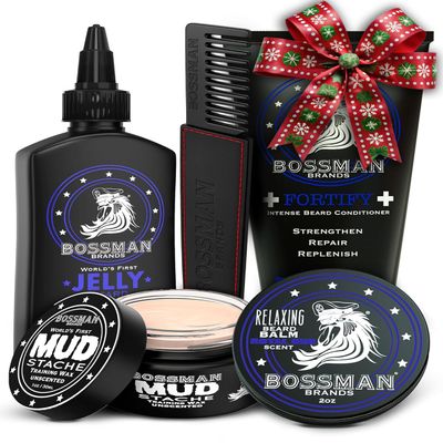 Bossman Complete Beard Kit Men's Beard Oil Jelly, Fortifying Shower Conditioner, Balm, Mustache Wax & Comb Beard Softener & Grooming Care Men Gift Set (Royal Oud Scent)