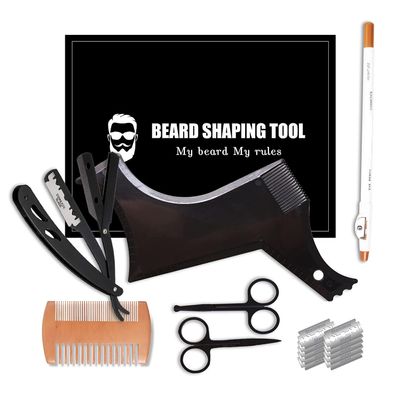 Beard Shaper, Beard Shaping Tools, Include Beard Template Guide, Professional Straight Edge Razor, 10 Count of Double Edge Blade, Barber Pencil, Beard Comb, 2 Stainless Steel Scissors