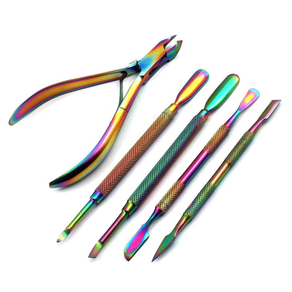 AAProTools Cuticle Pusher Remover with Nipper Rainbow Stainless Steel Manicure Nail Art Tool Set