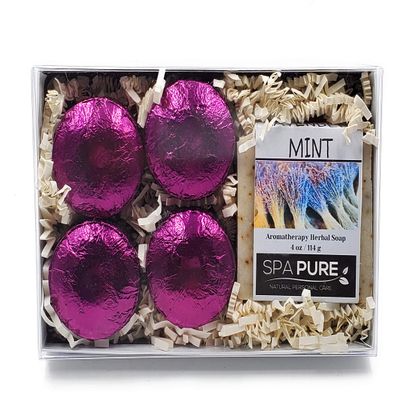 Spa Pure Aromatherapy Gift Set - Lavender Mint Artisan Soap & 4 Shower Steamers - Made with Plant Based Ingredients - Cotton Shower Bag & Soap Bag