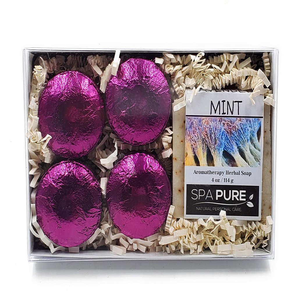 Spa Pure Aromatherapy Gift Set - Lavender Mint Artisan Soap & 4 Shower Steamers - Made with Plant Based Ingredients - Cotton Shower Bag & Soap Bag