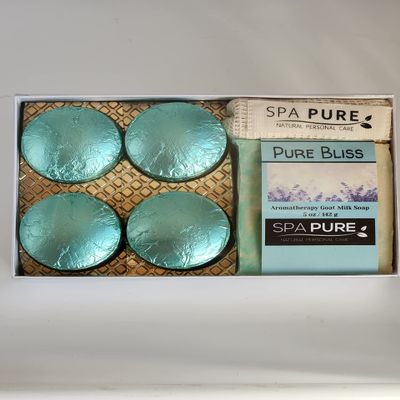 Spa Pure Aromatherapy Gift Set: Pure Bliss Artisan soap, Shower Steamers, USA made with plant based ingredients, essential oils, all natural Cotton Soap Bag & Steamer Bag)